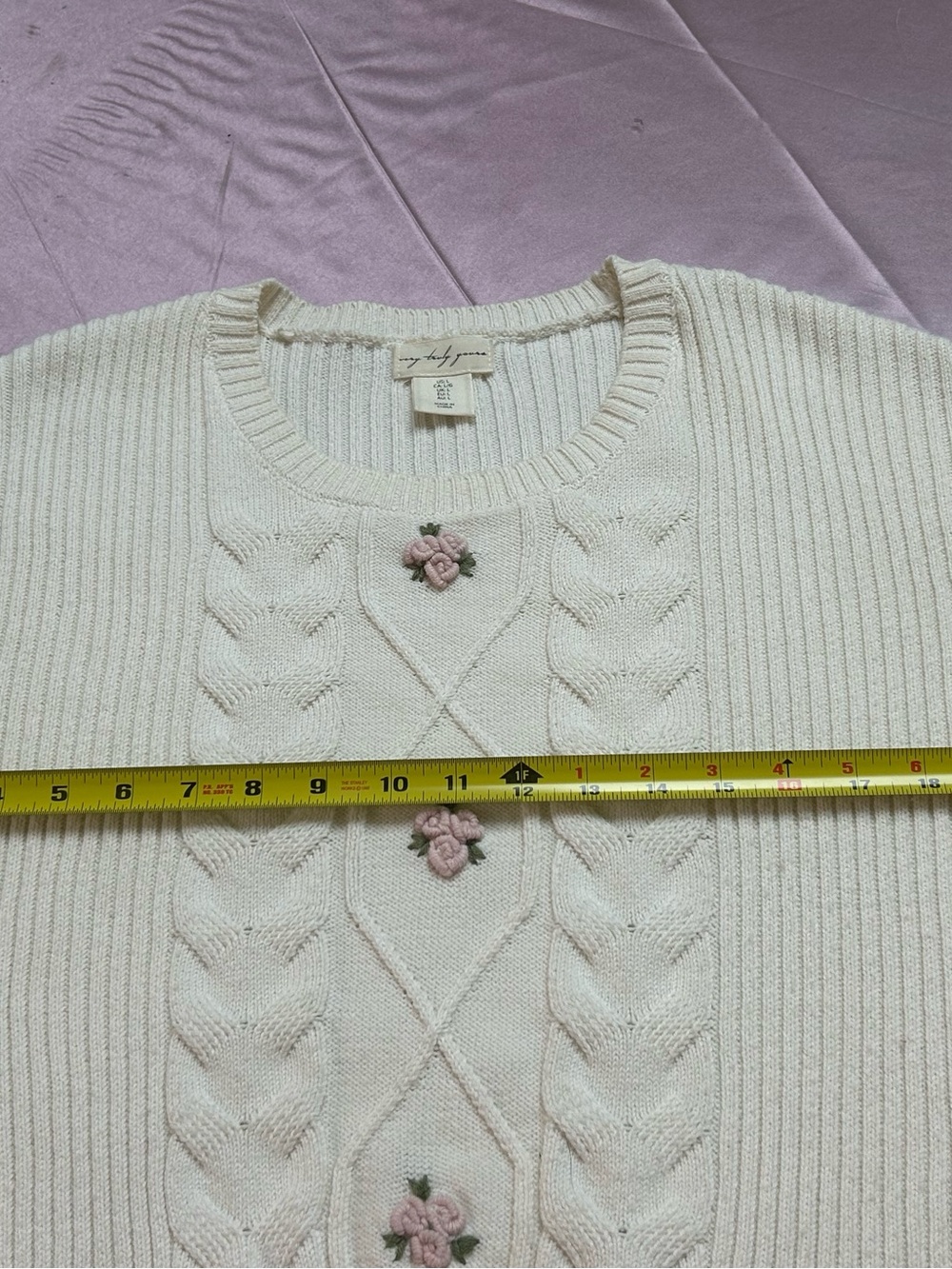 Cream Cable Cotton Knit Sweater with Pink Rose Embroidery L - Picture 6 of 8